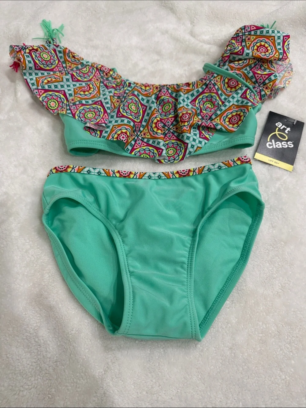 art class Mint Green Ruffle Bikini with Colorful Pattern